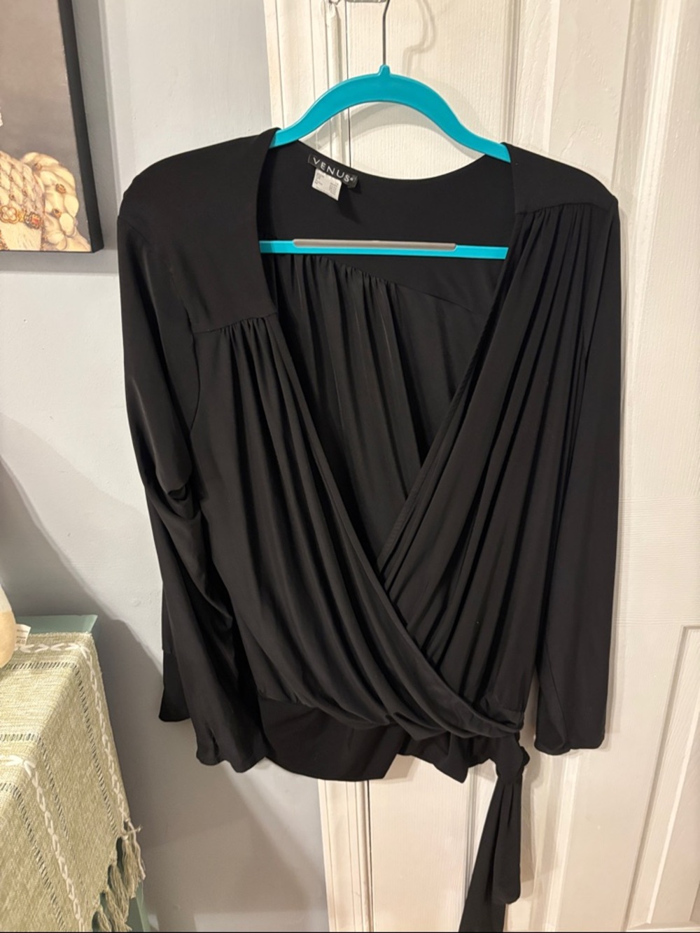 VENUS Black Draped Wrap Blouse with Tie